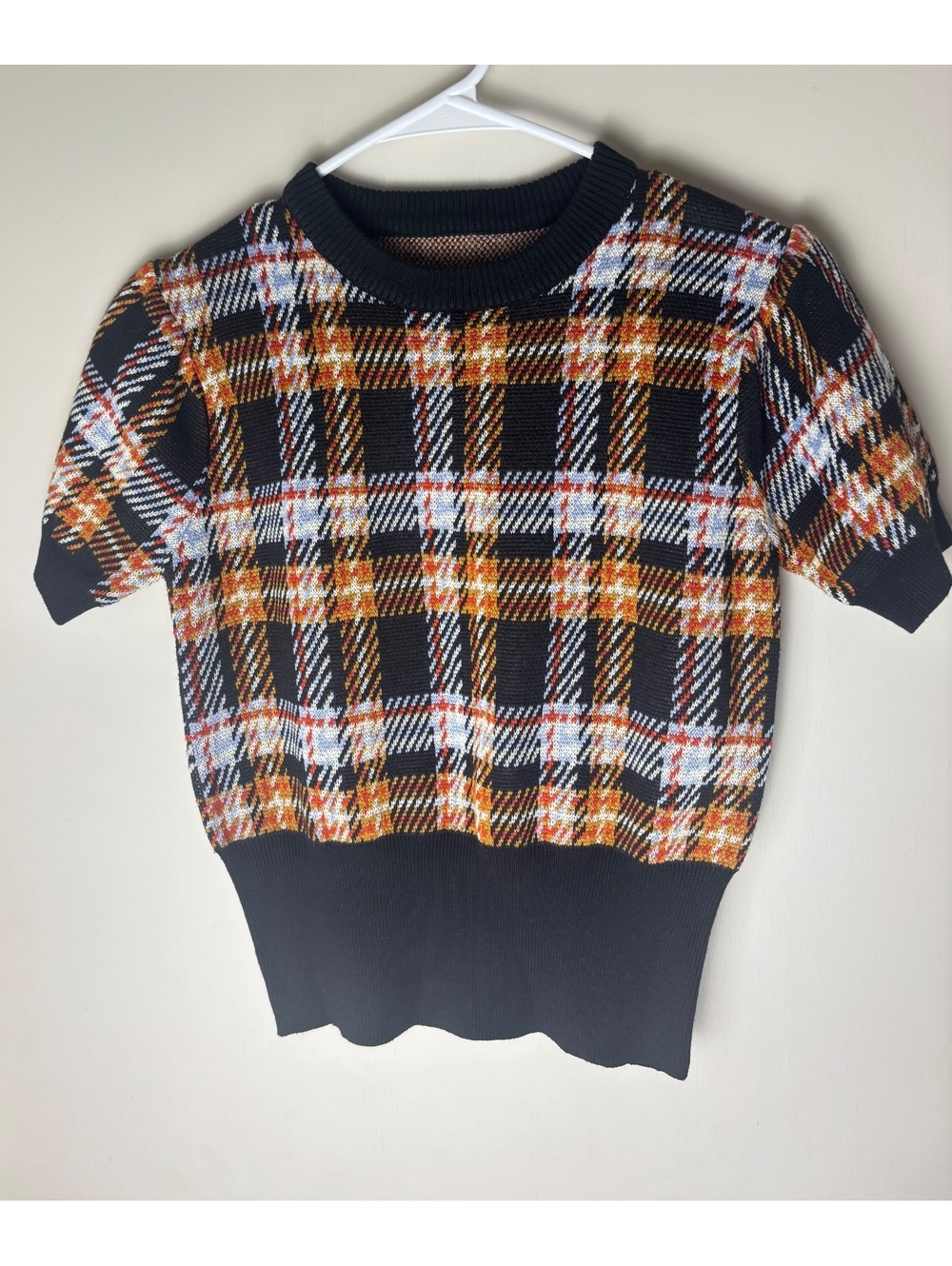 Plaid Puff Sleeve Knit Sweater Top Black Orange XS Small Preppy Y2K